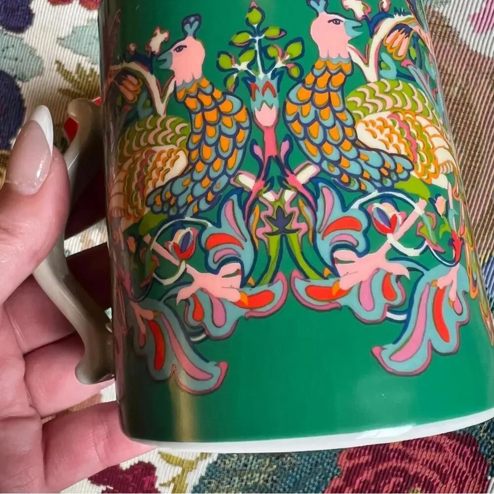 2 WILLIAM MORRIS Coffee Mugs Peacock Floral Cups Red Green Pink Bird Ornate